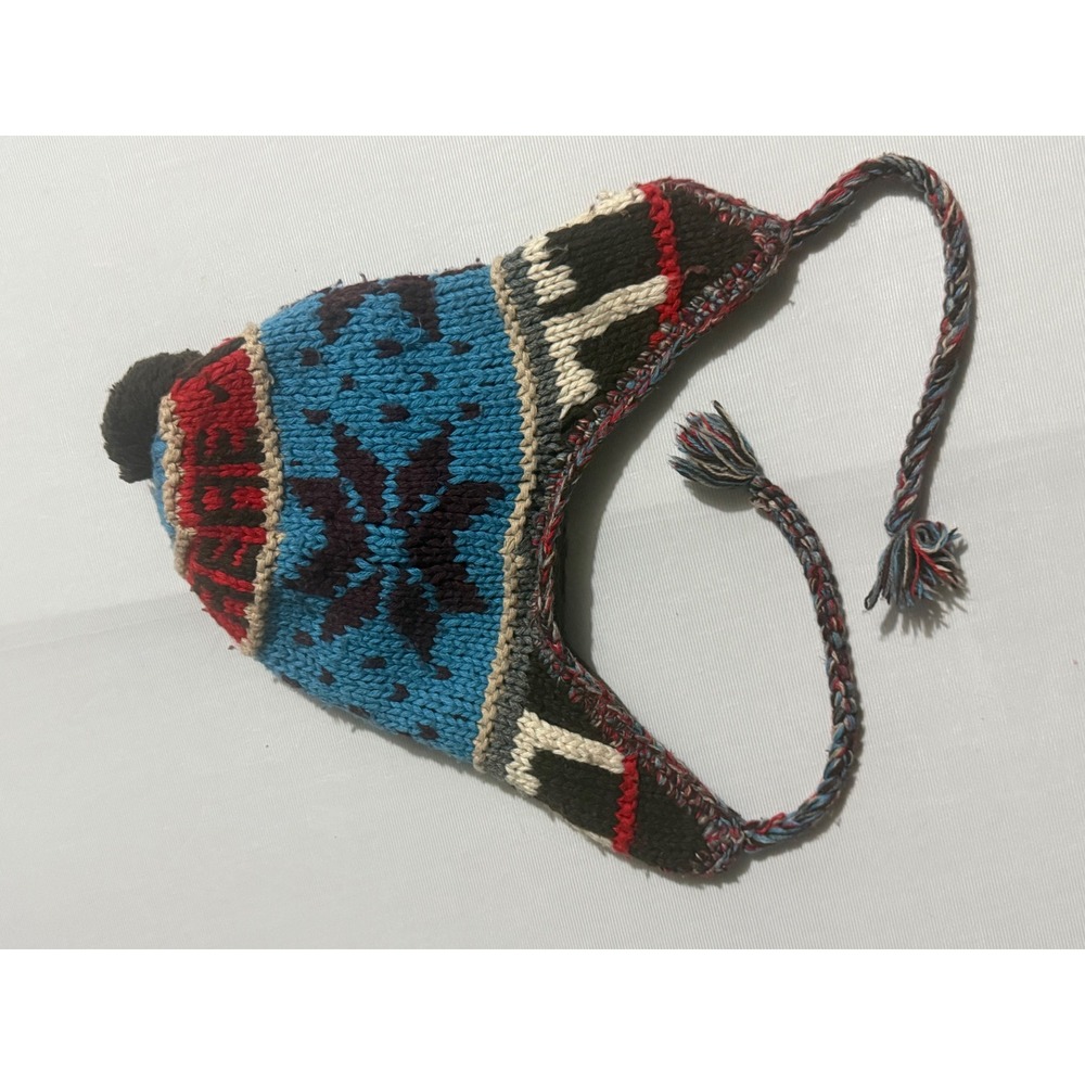American Eagle Trapper Hat Knit Fleece Lined Fair Isle Snowflake Pom Beanie Blue